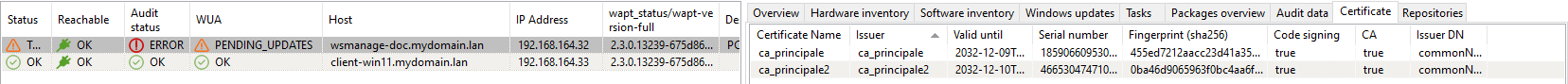 Window showing the certificates trusted by the selected host