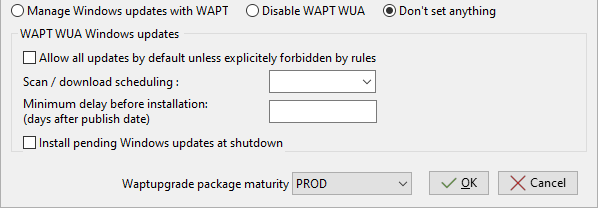 Menu options for the WAPT Windows Update Agent