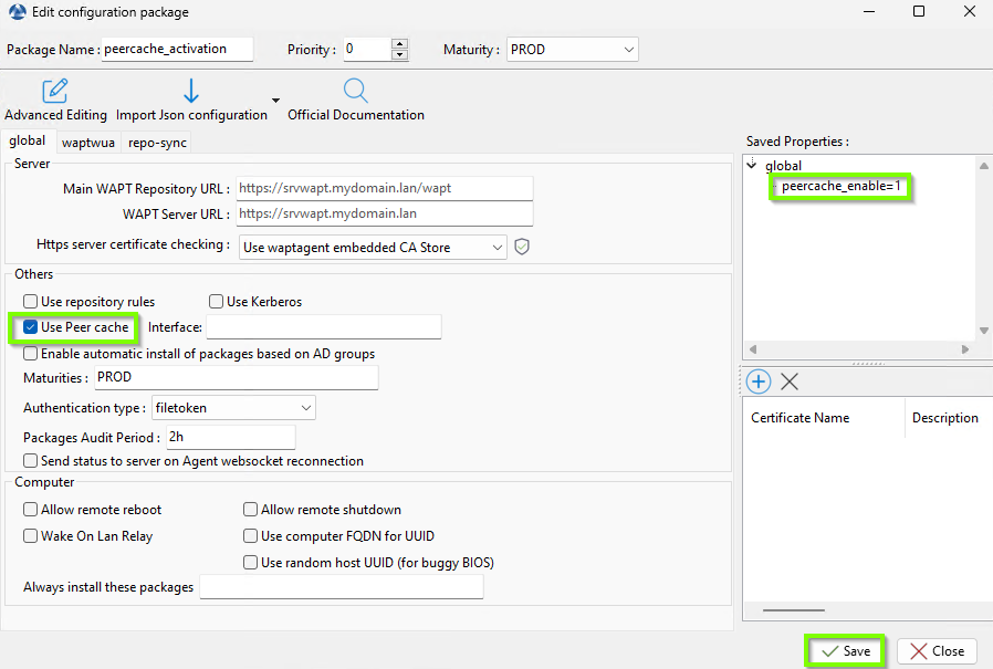 configuration package to enable peercache
