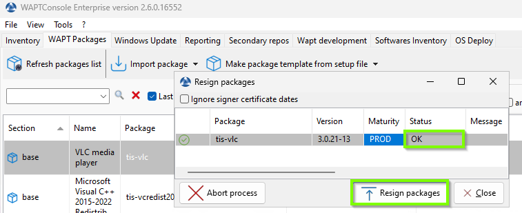 Windows of re-signing with WAPT console