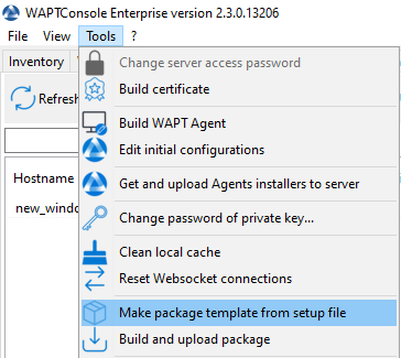 Menu option for creating a WAPT package template in the WAPT Console