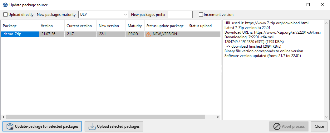 WAPT Console update_package windows displaying a newer package version