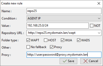 Window for setting repository rules in the WAPT Console