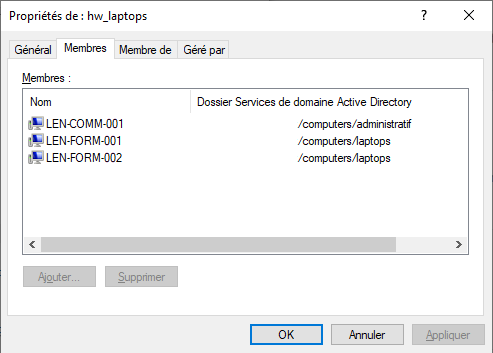 Window showing the Computers group in Active Directory